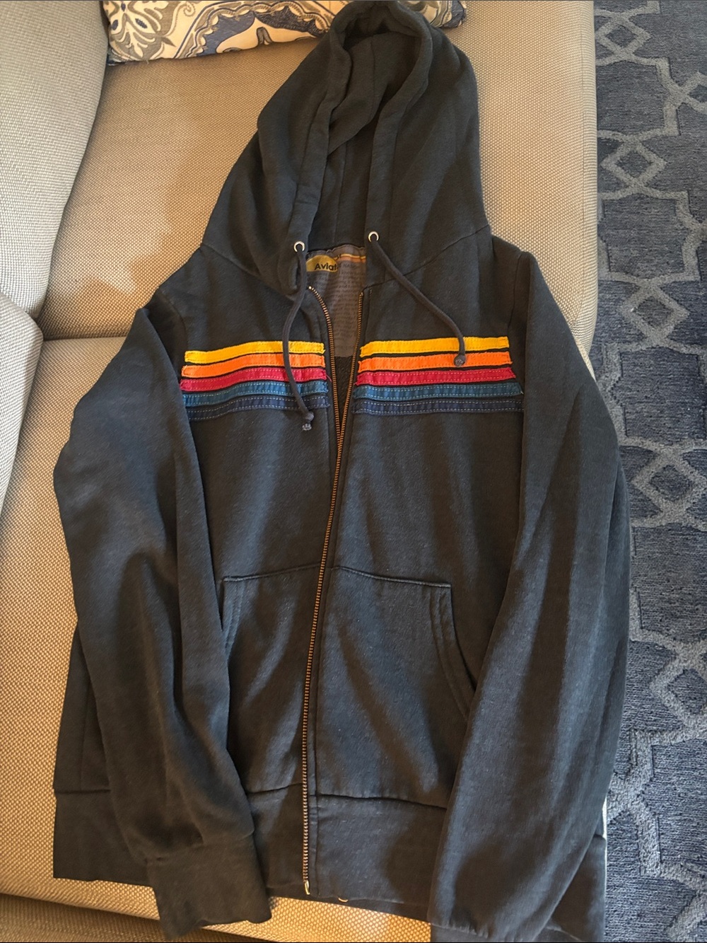 Aviator Nation Navy Hooded Zip Jacket with Rainbow Chest Stripes